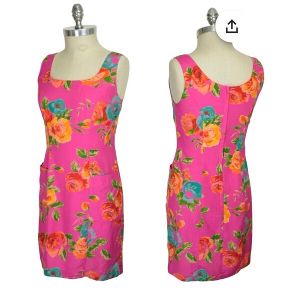 Vintage Dresses & Skirts - Vintage 90s Y2K Pink Floral Sheath Tank Mini Dress Size 6 Bright Colorful Moda